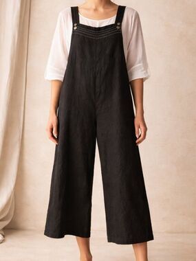 Marketplace Wide Leg Cropped Size Large Linen Cotton Overalls Black Relaxed Fit